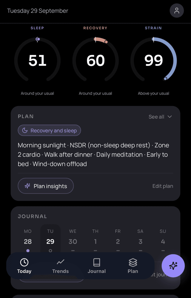 Virka Today screen: sleep, recovery and strain rings with the day's plan